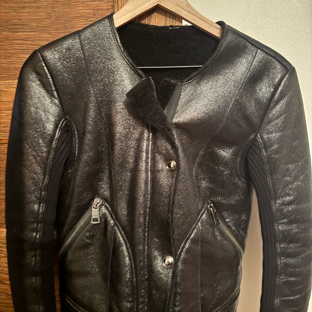Burberry Black Leather and Shearling  Women's Sweater Jacket XS